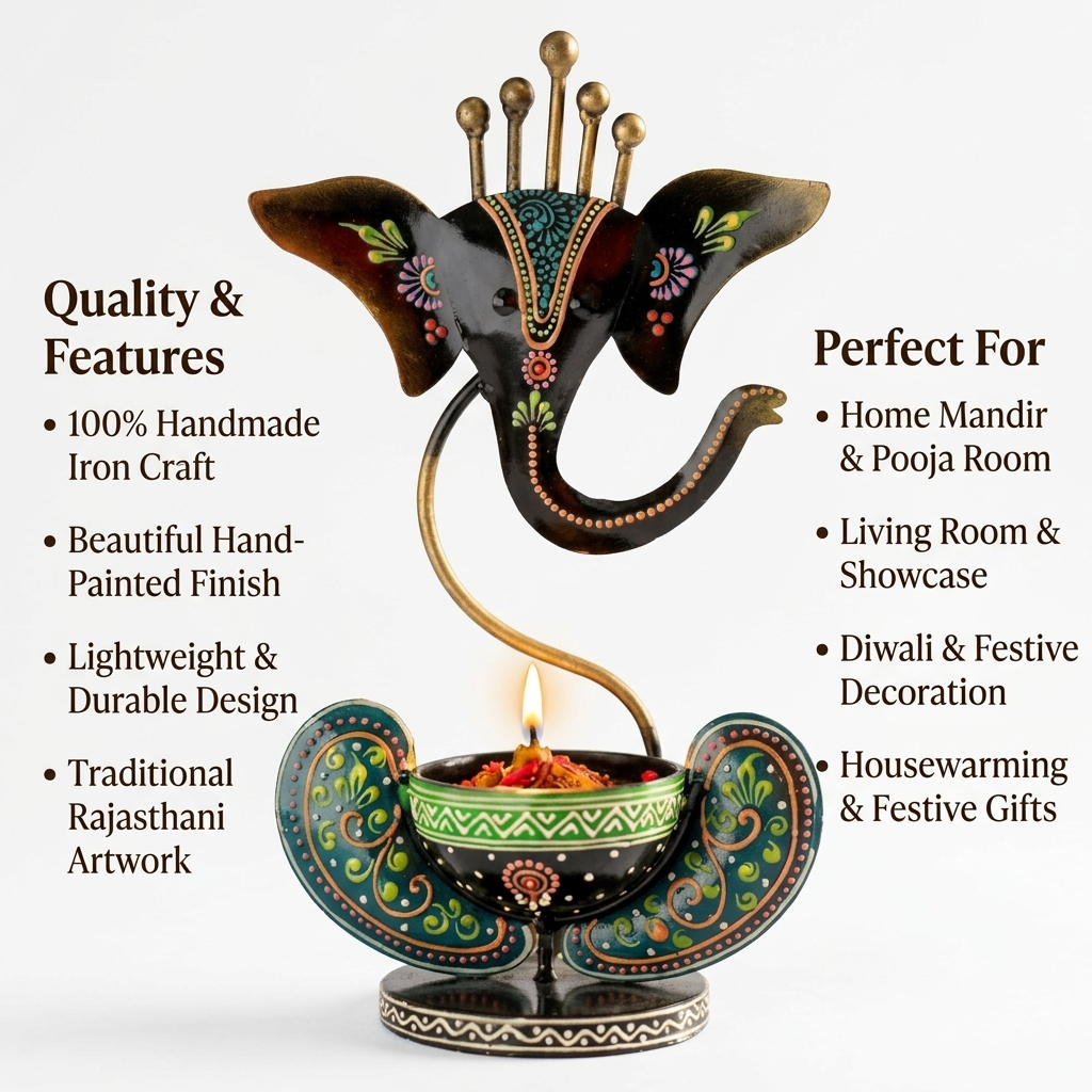 Handmade Ganesha Diya Stand with Shubh Labh – Premium Iron Decor | Traditional Rajasthani Craft