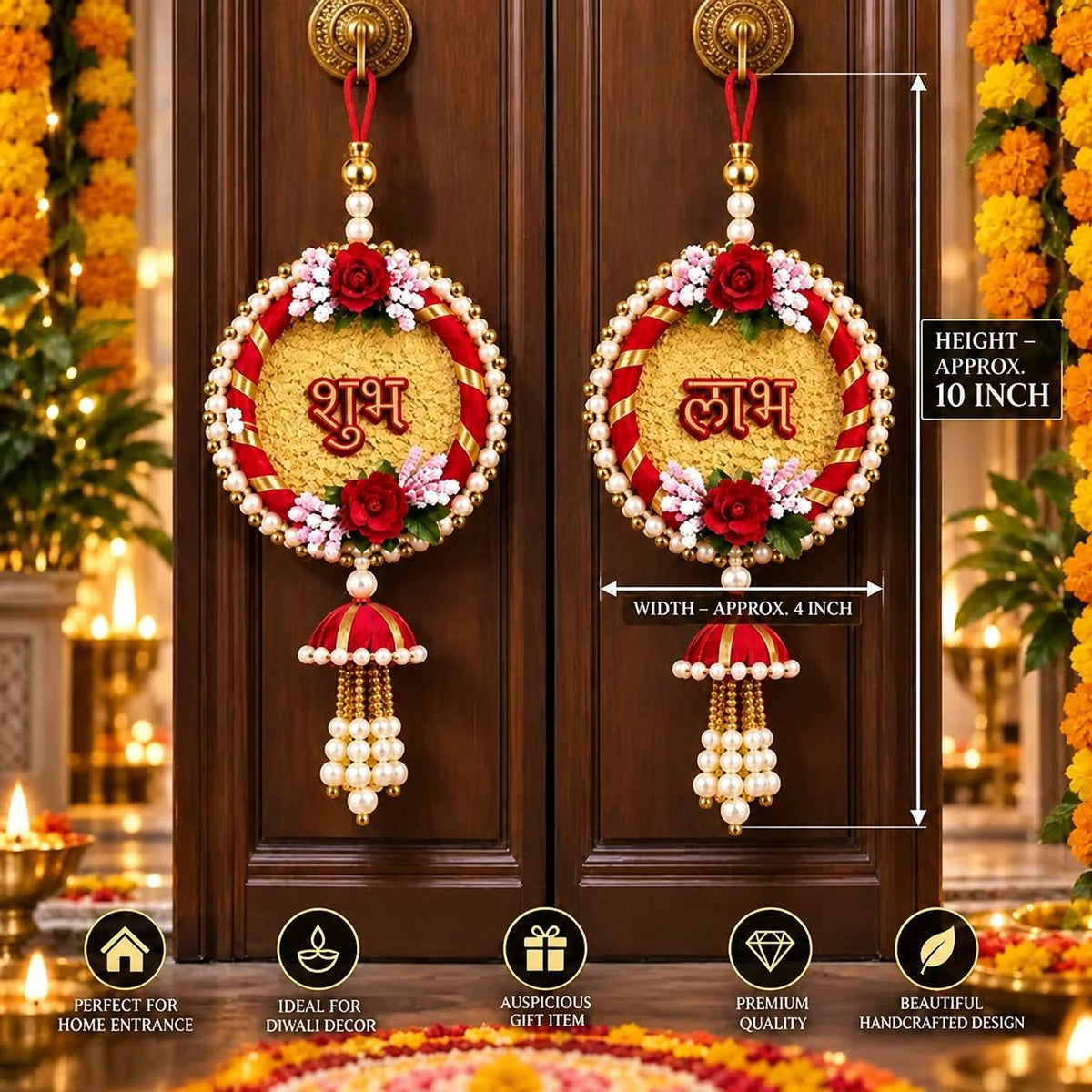 Shubh Labh Door Hanging Toran with Pearl Beads & Floral Design – Red Traditional Decor | Pack of 2