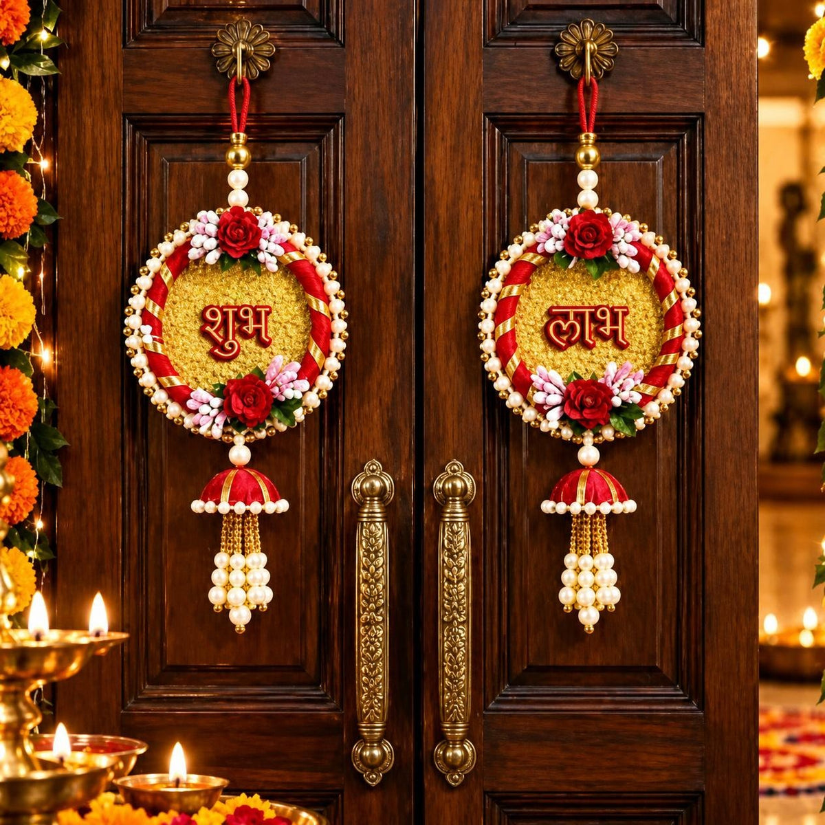 Shubh Labh Door Hanging Toran with Pearl Beads & Floral Design – Red Traditional Decor | Pack of 2