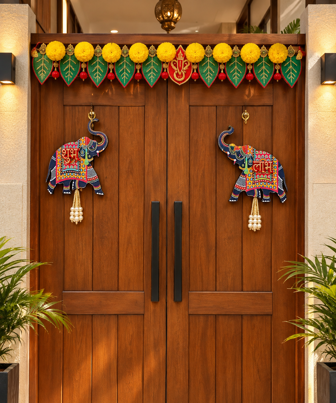 Premium Wooden Elephant Shubh Labh Wall Hanging – Traditional Festive & Pooja Decor | 5.5 Inches