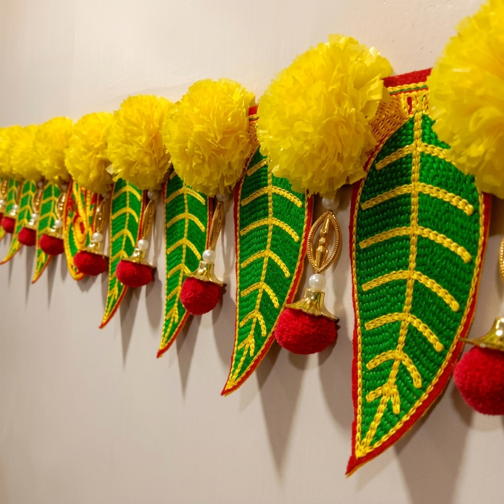 Ganeshay Green Leaf Toran with Yellow Marigold Flowers – Traditional Door Hanging for Festive Decor