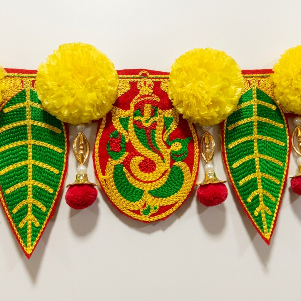 Ganeshay Green Leaf Toran with Yellow Marigold Flowers – Traditional Door Hanging for Festive Decor