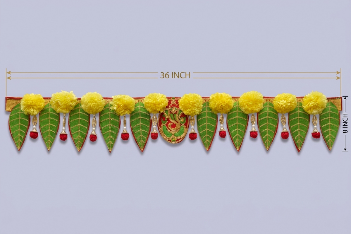 Ganeshay Green Leaf Toran with Yellow Marigold Flowers – Traditional Door Hanging for Festive Decor