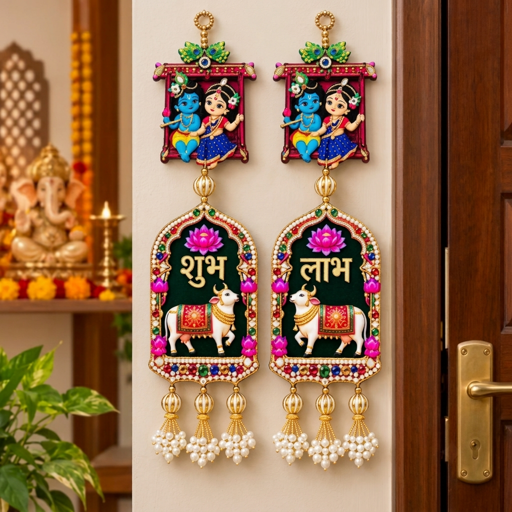 Radha Krishna Shubh Labh Wooden Door Hanging – Festive & Pooja Decor for Main Gate, Home & Office – Pack of 2