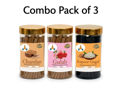 Premium Dhoop Batti Combo Pack of 3 – Rose, Chandan, Kapoor & Guggal Fragrance | 300g with Dhoop Holder