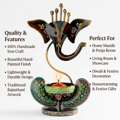 Handmade Ganesha Diya Stand with Shubh Labh – Premium Iron Decor | Traditional Rajasthani Craft