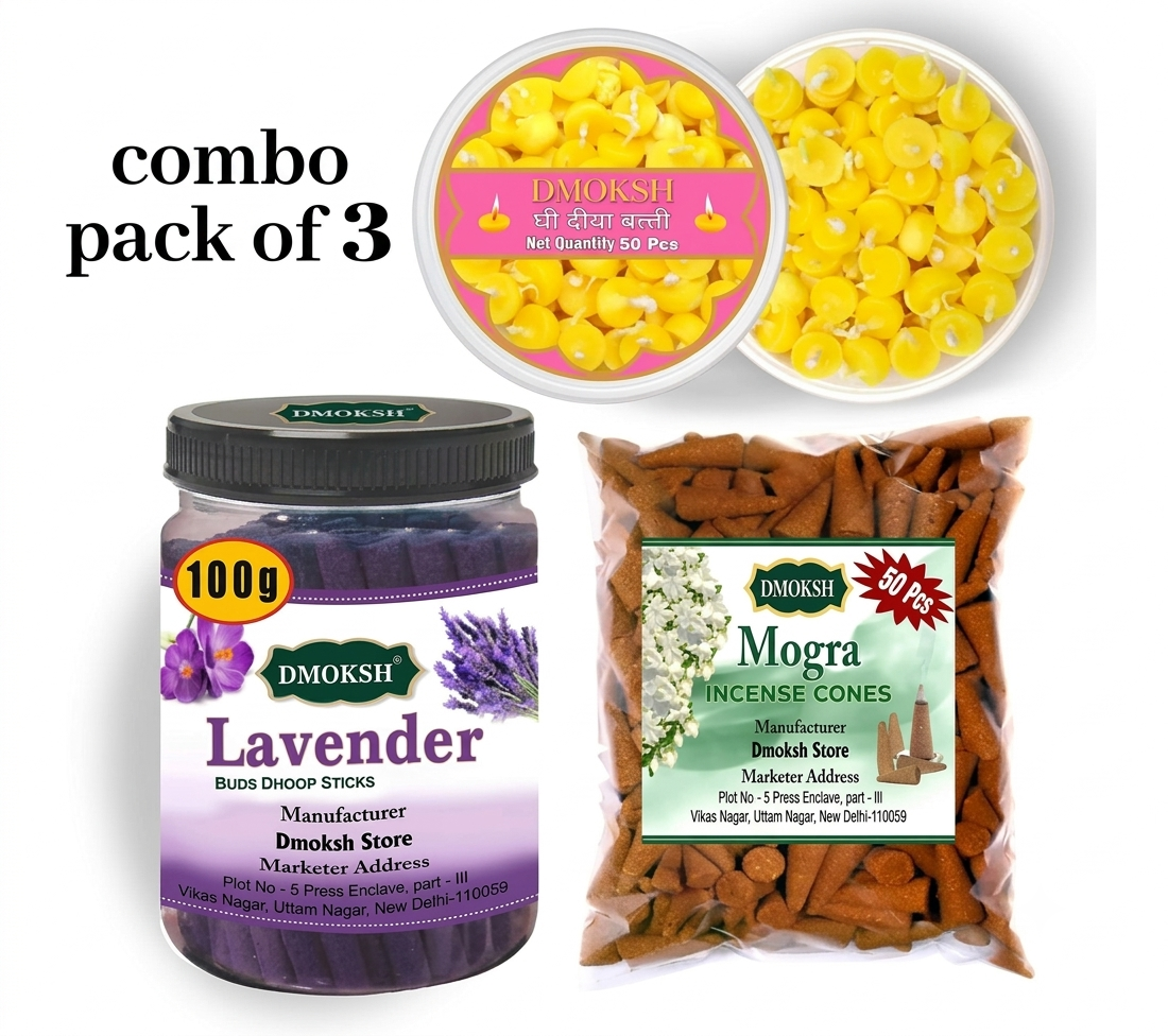 Lavender Dhoop, Mogra Cones & Ghee Diya Wicks Combo – Complete Puja Essentials Kit