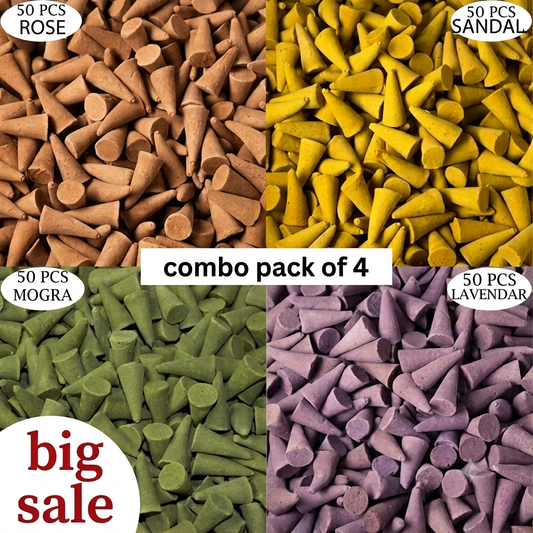 Multi-Fragrance Dhoop Cone Combo Pack of 4 – Sandal, Rose, Mogra & Lavender | 200 Cones with Holder