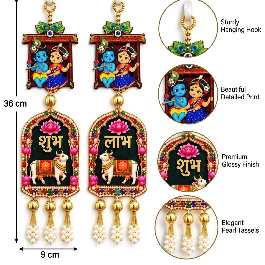 Radha Krishna Shubh Labh Wooden Door Hanging – Festive & Pooja Decor for Main Gate, Home & Office – Pack of 2