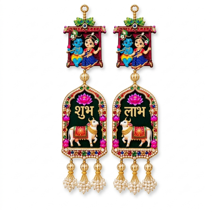 Radha Krishna Shubh Labh Wooden Door Hanging – Festive & Pooja Decor for Main Gate, Home & Office – Pack of 2