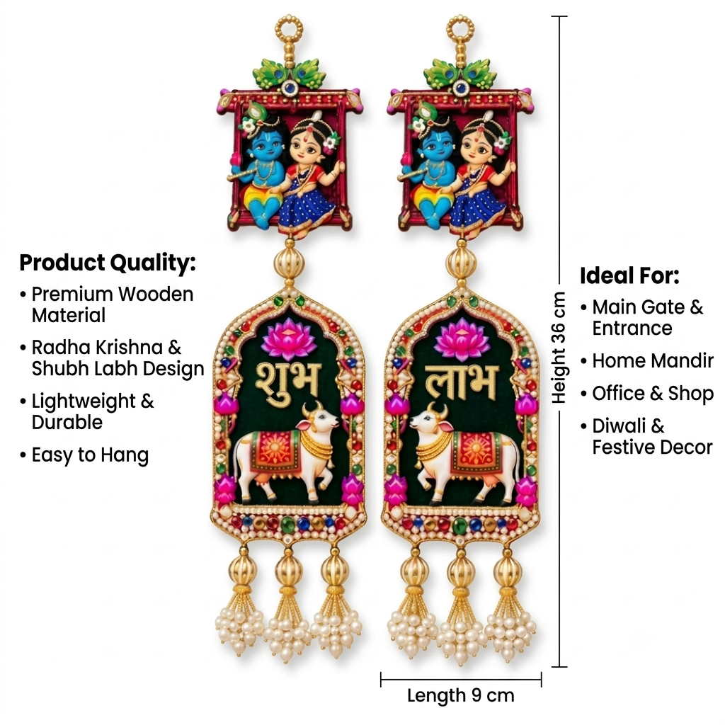 Radha Krishna Shubh Labh Wooden Door Hanging – Festive & Pooja Decor for Main Gate, Home & Office – Pack of 2