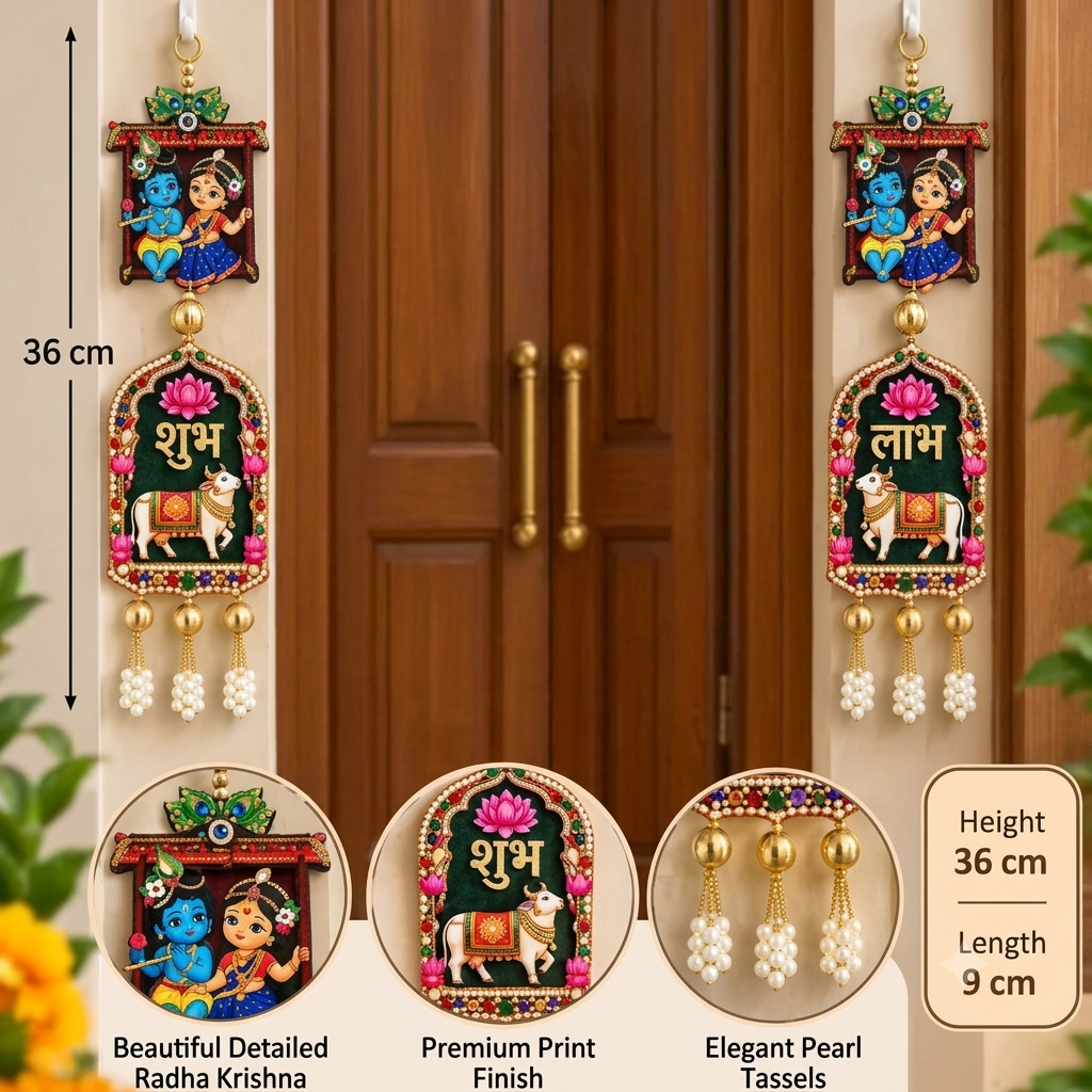 Radha Krishna Shubh Labh Wooden Door Hanging – Festive & Pooja Decor for Main Gate, Home & Office – Pack of 2