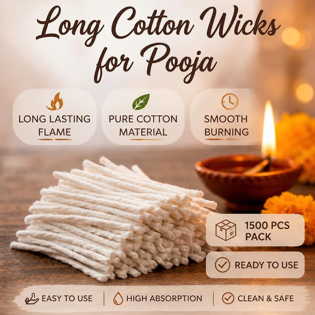 Premium Cotton Diya Wicks – 3 Inch Long Cotton Batti for Pooja, Aarti & Diya | Pack of 1500