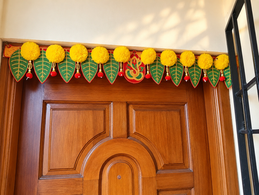 Ganeshay Green Leaf Toran with Yellow Marigold Flowers – Traditional Door Hanging for Festive Decor