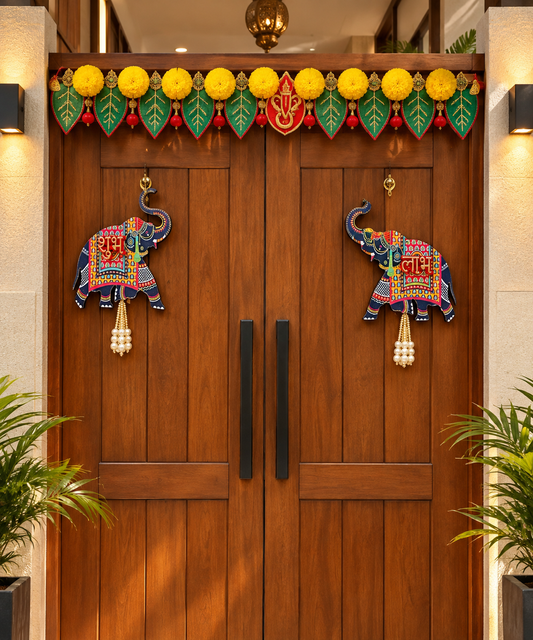 Premium Wooden Elephant Shubh Labh Wall Hanging – Traditional Festive & Pooja Decor | 5.5 Inches