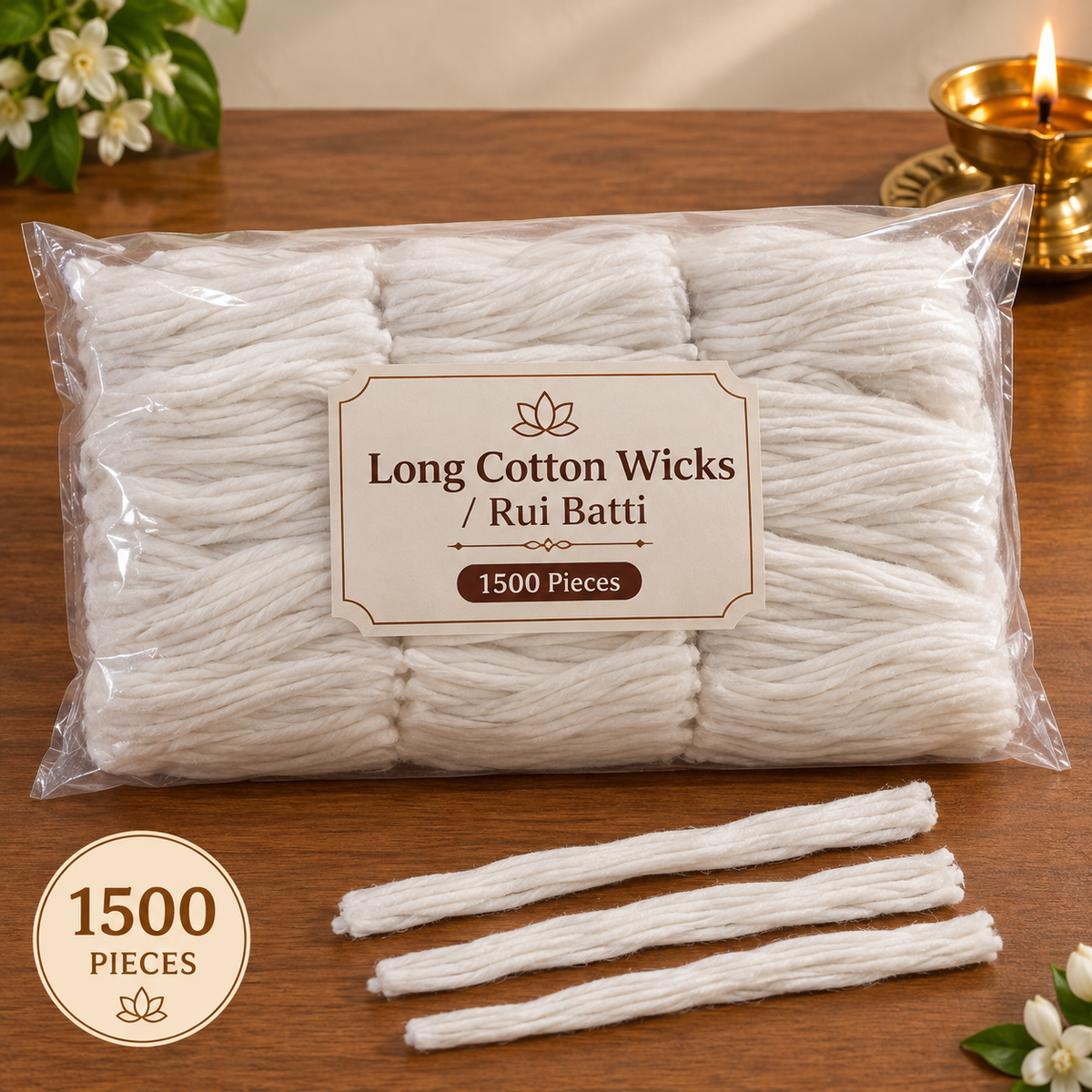 Premium Cotton Diya Wicks – 3 Inch Long Cotton Batti for Pooja, Aarti & Diya | Pack of 1500