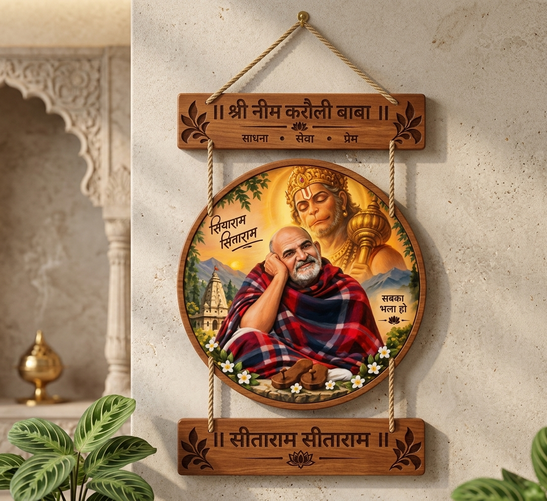 Neem Karoli Baba MDF Wooden Wall Hanging | Sitaram Sitaram Religious Wall Decor | Pooja Room Home Temple Decoration