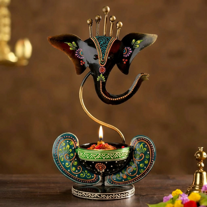 Handmade Ganesha Diya Stand with Shubh Labh – Premium Iron Decor | Traditional Rajasthani Craft