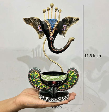 Handmade Ganesha Diya Stand with Shubh Labh – Premium Iron Decor | Traditional Rajasthani Craft