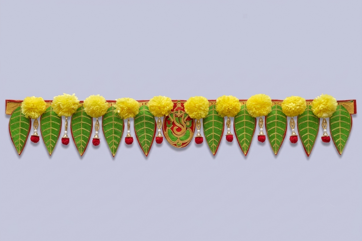 Ganeshay Green Leaf Toran with Yellow Marigold Flowers – Traditional Door Hanging for Festive Decor