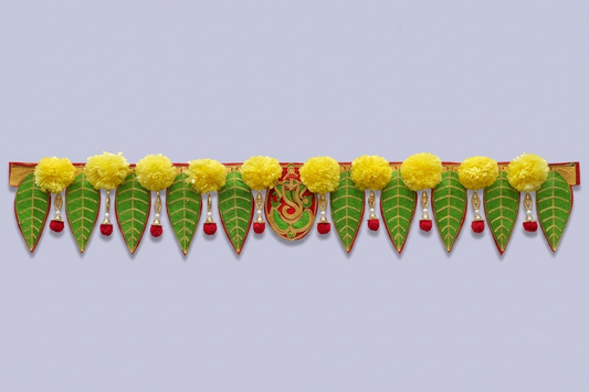 Ganeshay Green Leaf Toran with Yellow Marigold Flowers – Traditional Door Hanging for Festive Decor
