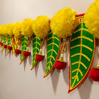 Ganeshay Green Leaf Toran with Yellow Marigold Flowers – Traditional Door Hanging for Festive Decor