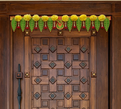 Ganeshay Green Leaf Toran with Yellow Marigold Flowers – Traditional Door Hanging for Festive Decor