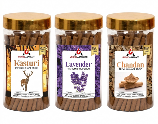 Premium Lavender, Chandan & Kasturi Dhoop Sticks – Charcoal-Free, Low-Smoke Incense with Holder