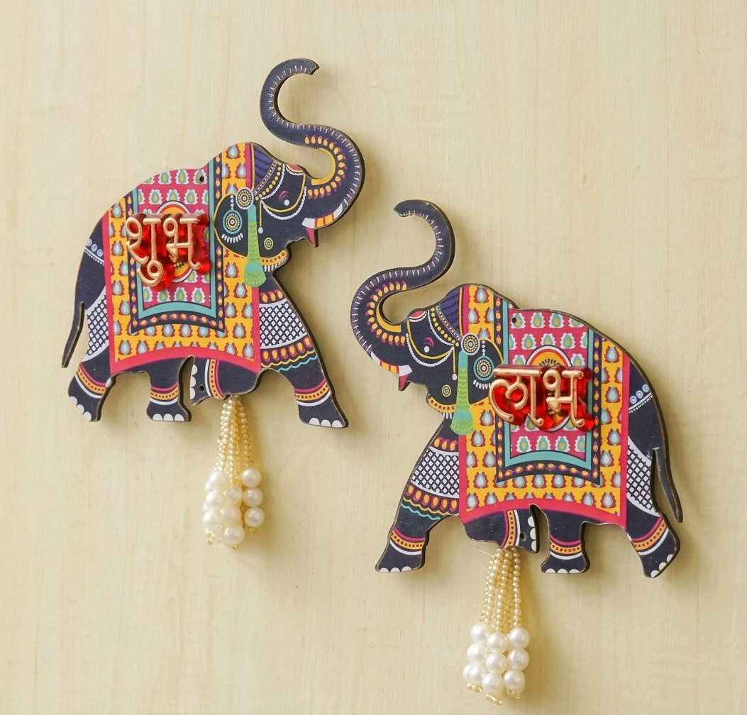 Premium Wooden Elephant Shubh Labh Wall Hanging – Traditional Festive & Pooja Decor | 5.5 Inches