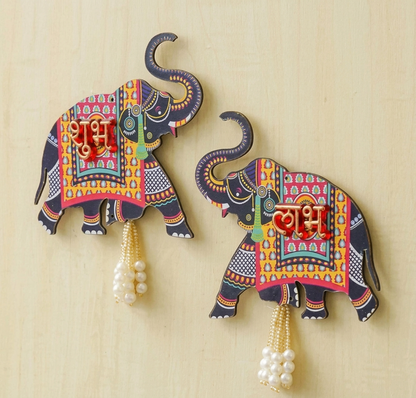Premium Wooden Elephant Shubh Labh Wall Hanging – Traditional Festive & Pooja Decor | 5.5 Inches