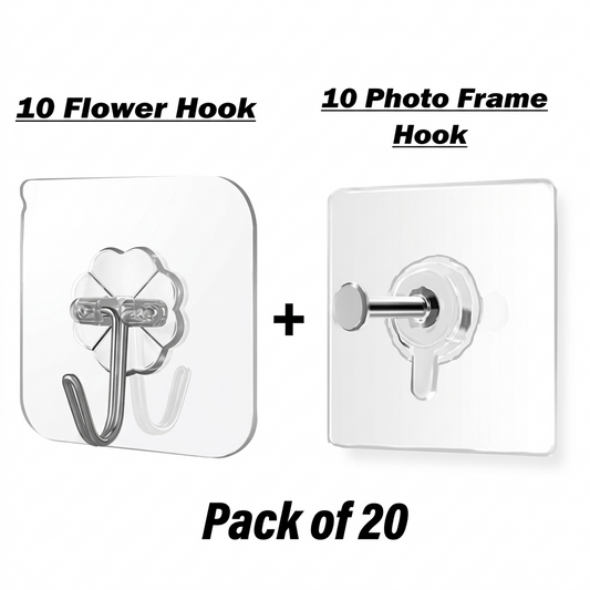 Wall Hooks + Frame Hook – Combo Pack (10+10) – Heavy Duty Hooks for Kitchen, Bathroom, Towels & Ceiling – Pack of 20
